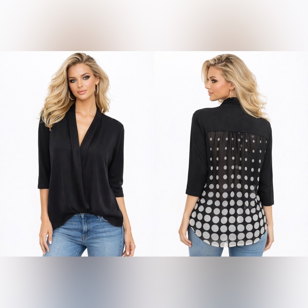 CHICO'S BLACK OPEN FRONT Polka-Dot Chiffon Back TOP JACKET Cardigan Size Medium